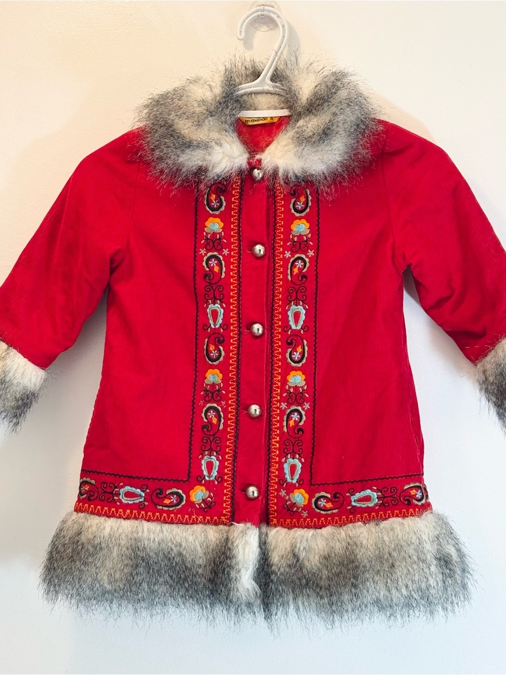 Vintage m.mondo Red Folk Art Embroidered Winter Coat Faux Fur Trim 4T